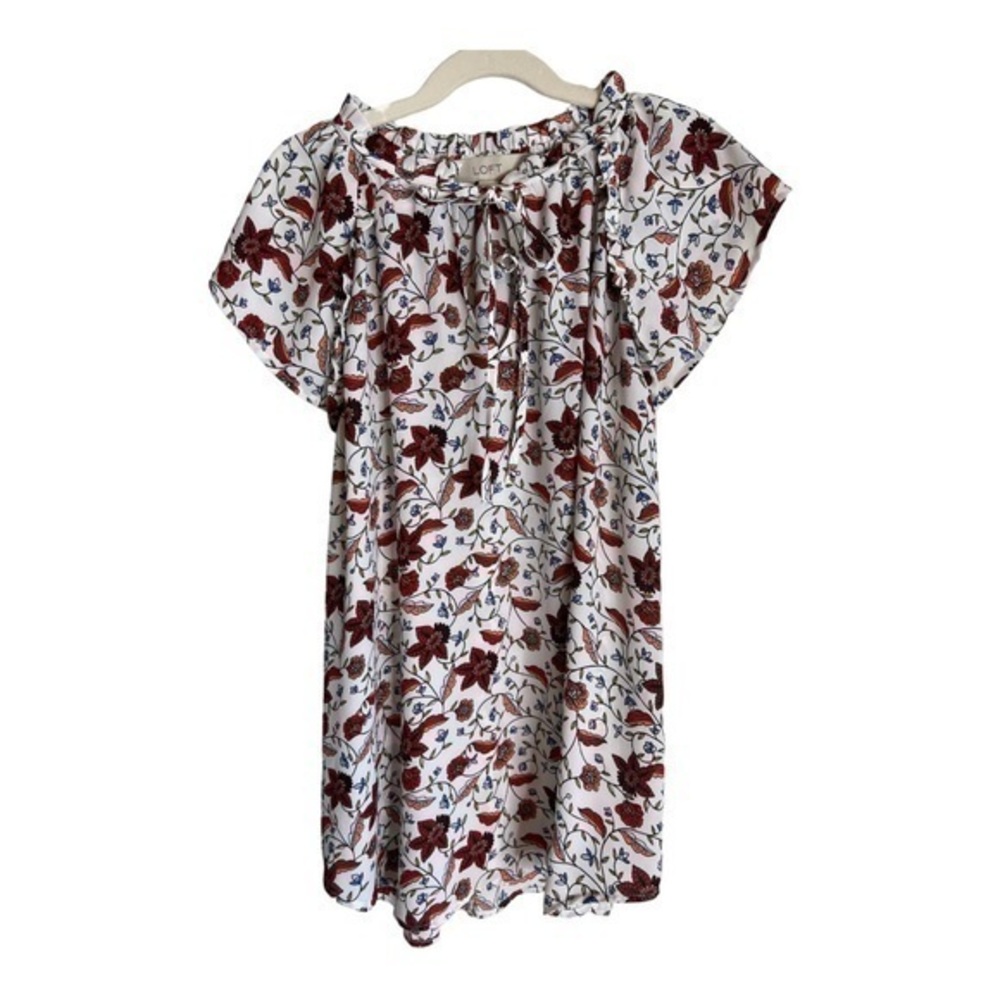 LOFT floral flutter sleeve tie neck top